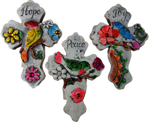 Set Of 3 Song Bird Remembrance Memorial Cross Plaque's - Hope Peace Joy