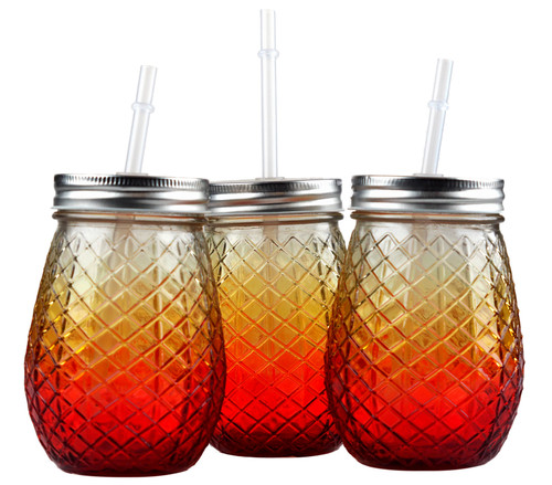 Set Of 3 Glass Pineapple Drinking Mason Jars With Lid & Reusable Straw