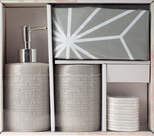 Grey Geometric Bathroom Set - Soap dispenser, Toothbrush Holder, Shower Curtain