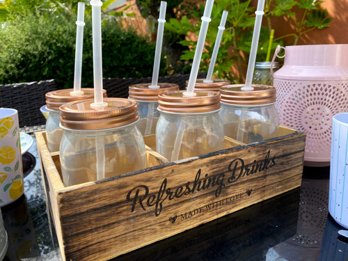 6 Glass Drinking Mason Jars With Lid Reusable Straw In Wooden Crate Holder