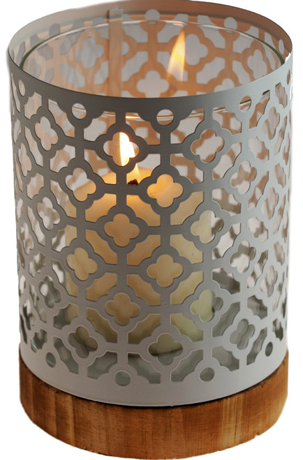 White Geometric Lattice And Bamboo 17.5cm Candle Lantern Holder