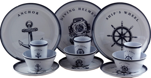 Navy White Nautical 12 Piece Melamine Plastic Plate Cups Bowl Set