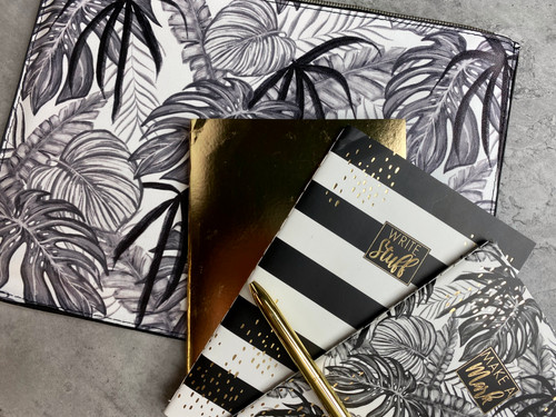 Black & White Tropical Leaf Stationery Set - Notebooks, Pencil Case and Pen