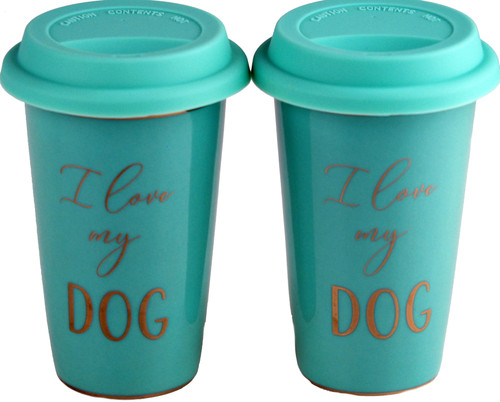 2 Aqua Blue Travel Mugs With Lids - I Love My Dog