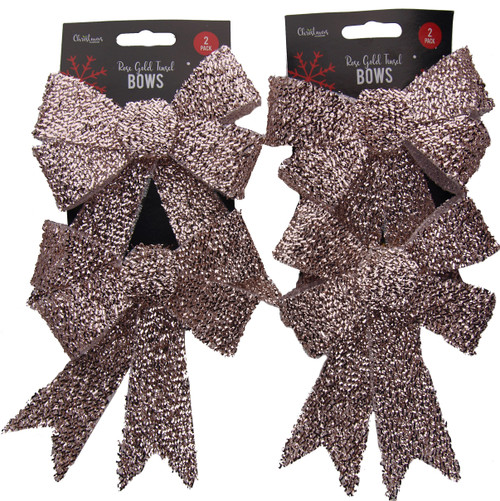 Set Of 4 Sparkling Tinsel 17cm Rose Gold Bow Christmas Tree Baubles Decorations Set Of 4 Sparkling Tinsel 17cm Rose Gold Bow Christmas Tree Baubles Decorations