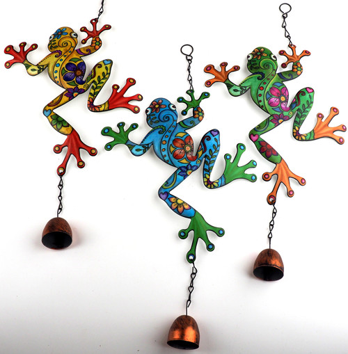 Set of 3 Full Colour Hanging Metal Garden Bell Ornaments - Frog Chime