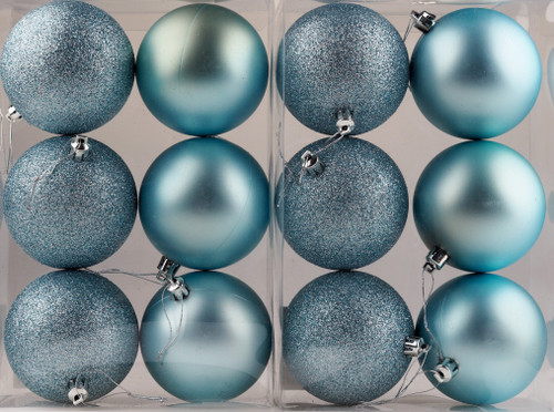 Set Of 12 Large 8cm Ice / Baby Blue Green Christmas Tree Baubles Decorations