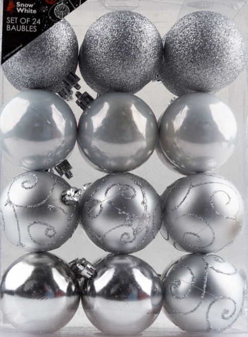 Set Of 24 Silver Dazzling Glitter Baubles - Christmas Tree Decoration