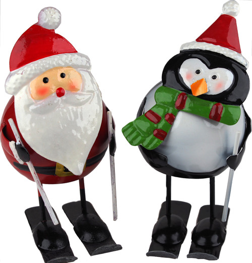 Set Of 2 Wobble Head 15cm Metal Novelty Ornaments - Santa Penguin