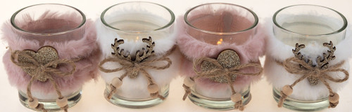 4 Reindeer Nordic Pink White Trim Tea Light Candle Holders  - Reindeer Heart 4 Reindeer Nordic Pink White Trim Tea Light Candle Holders  - Reindeer Heart