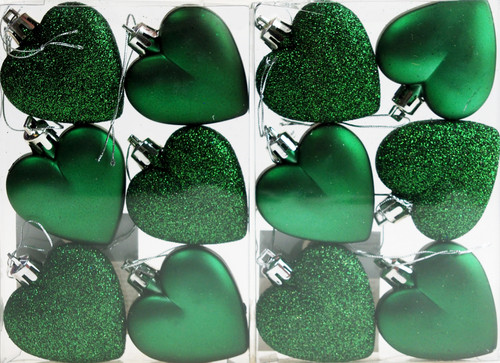 Set Of 12 x Love Heart Christmas Tree Baubles - Deep Emerald Green Set Of 12 x Love Heart Christmas Tree Baubles - Deep Emerald Green