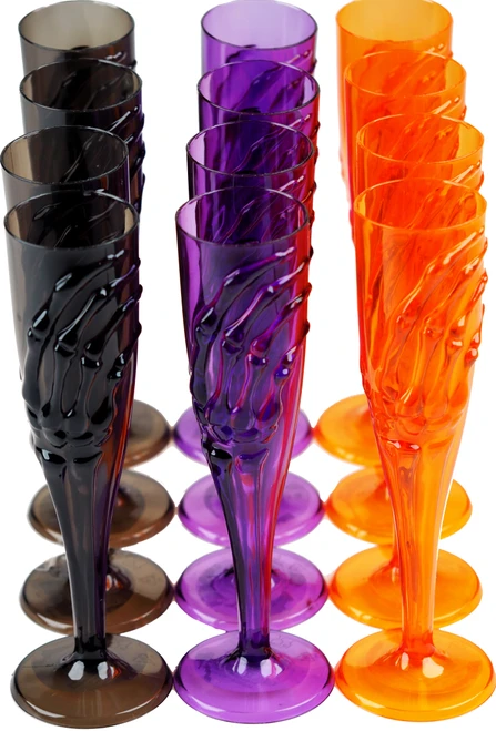 Set Of 12 Reusable Plastic Flute Stem Glasses - Skeleton Hand Design