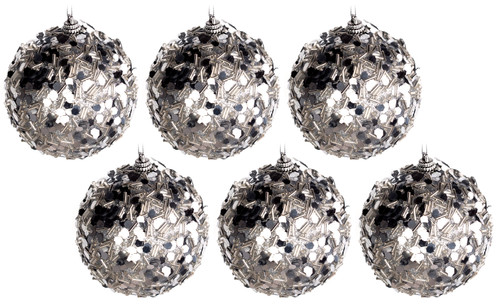 Set Of 6 Glitter Encrusted Silver Sequin Bead Christmas Tree Baubles Decorations