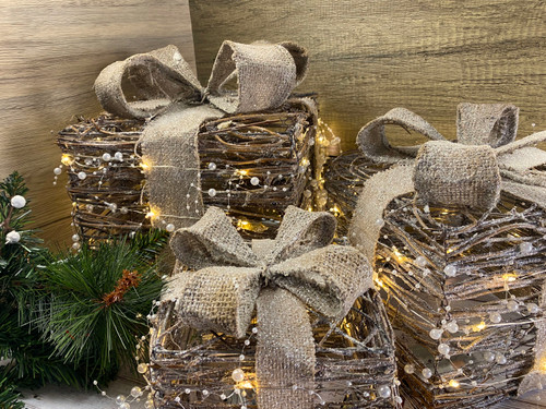 Christmas Rattan LED Parcels - Battery Operated Light Up Gifts (Set of 3)