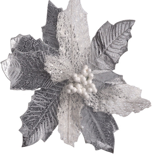 Clip-on Christmas Poinsettia Flower Decorations 26cm - White Silver (Set of 6)