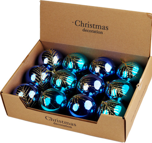 Large Shine Blue Aqua Green Leaf Christmas Tree Baubles Decorations (Set of 12)