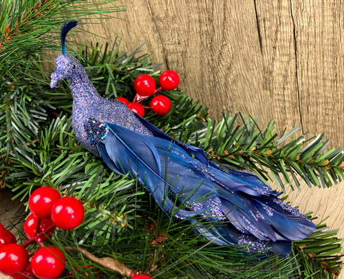 Midnight Blue Peacock Clip On Craft Birds Christmas Tree Decorations (Set of 2)