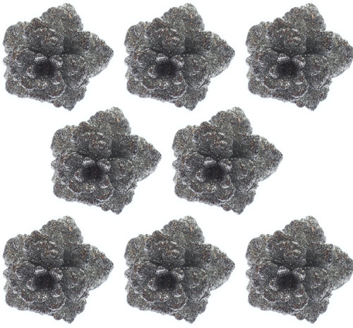 Christmas Tree Rose Baubles - Silver Glitter 3D Clip On Flower (Set of 8) Christmas Tree Rose Baubles - Silver Glitter 3D Clip On Flower (Set of 8)