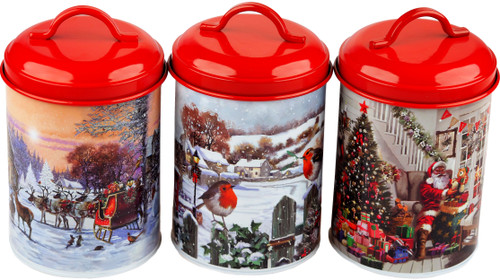 Traditional Scene Christmas Storage Tin Canisters  - Tea Coffee Sugar (Set of 3)