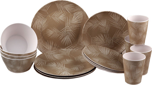Melamine Plastic Dinner Set - Taupe Palm Design Plate Cup Bowl  (16 Piece Set)