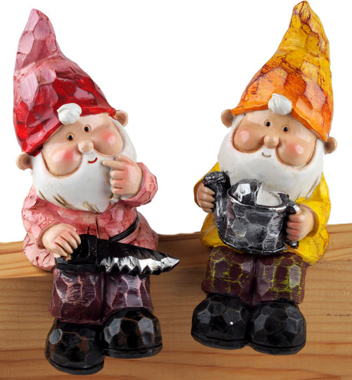 Shelf Ledge Sitting Garden Gnome Ornaments  - Red Yellow Design (Set of 2)