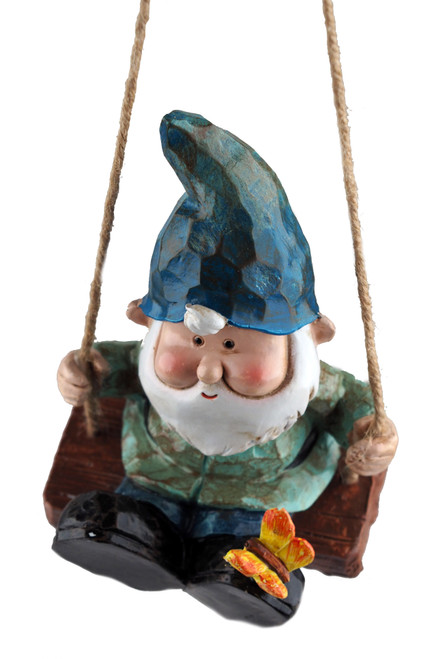 Hanging Garden Gnome On Swing Ornament - Blue With Butterfly