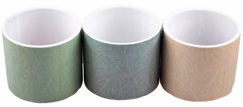 Soft Pastel Palm Leaf Design Plant Pots - Sage, Grey, Taupe (Set of 3) Soft Pastel Palm Leaf Design Plant Pots - Sage, Grey, Taupe (Set of 3)