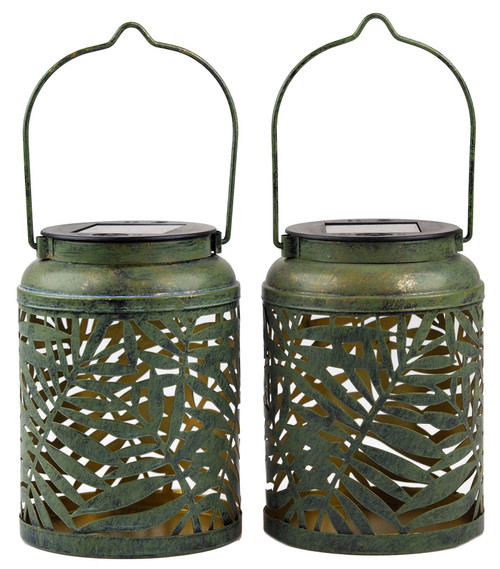 Green Palm Leaf Hanging LED Solar Lights 15cm Round Garden Lanterns (Set of 2)