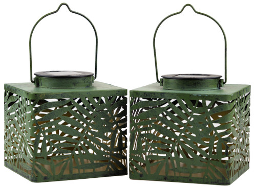 Green Palm Leaf Hanging LED Solar Lights 14cm Square Garden Lanterns (Set of 2)