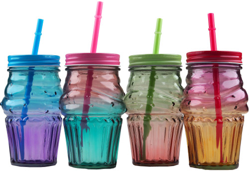 Cupcake Set of 4 Mason Jar Cups with Lids and Reusable Straws