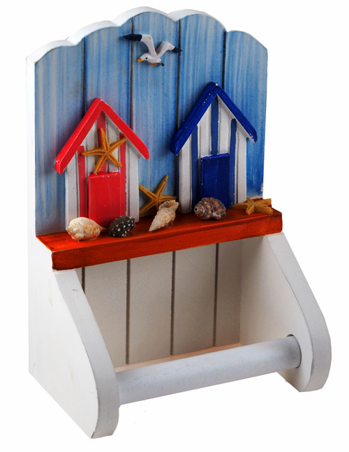 Nautical Blue White Bathroom Loo Toilet Roll Holder - Beach Huts (Red / Blue)