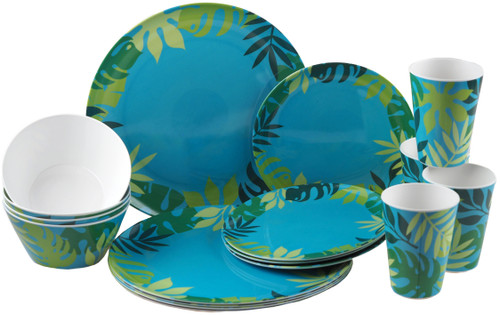 Melamine Plastic Dinner Set - Blue Green Leaf Plate Cup Bowl  (16 Piece Set)