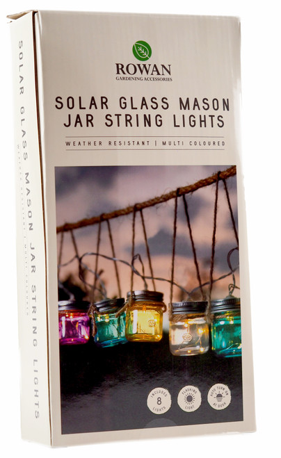 Garden LED Solar String Lights Hanging Mason Jars - 1.4m long - Multicoloured
