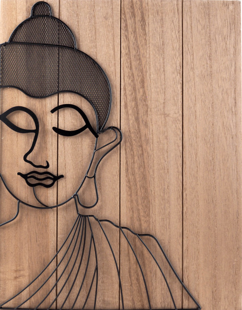 Thai Buddha Wire Wall Art - 48 x 37cm Wooden Hanging Picture