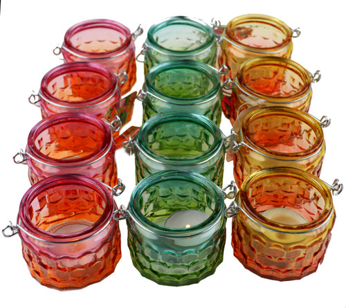 Moroccan Style Glass Tea Light Candle Holders - Multi Colour (Set of 12)