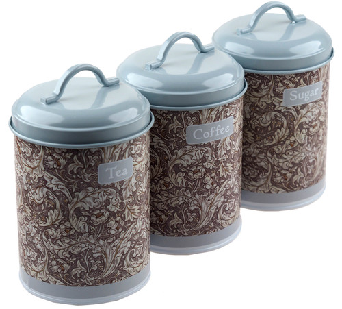 Batchelors Button Metal Tea Coffee Sugar Grey Blue Tin Canisters (Set of 3) Batchelors Button Metal Tea Coffee Sugar Grey Blue Tin Canisters (Set of 3)