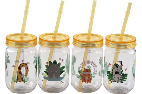 Reusable Plastic Drinking Mason Jar Cups - Handle Lid Straw - Safari Animal (Set of 4)