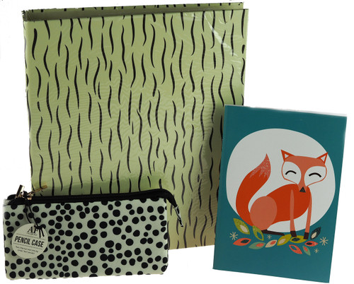 Girl's 3 Piece Stationery Set - A4 Folder, Pencil Case, Book - Animal Print / Fox