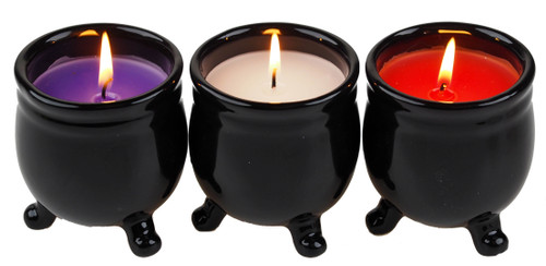 Halloween Candle In Ceramic Black Cauldron Holder (Set of 3)