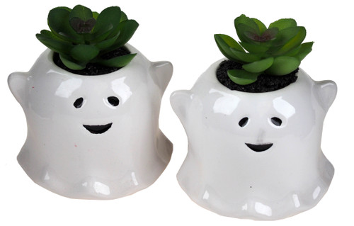 Halloween Ghoul Ghost Artificial Succulent Plants In Novelty Pots (Set of 2)