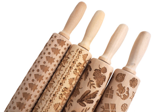 Embossed Christmas Pattern Wooden Rolling Pin - Stag/Pine/Tree/Gift (Set of 4)