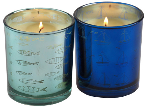Nautical Navy Sky Blue Shine Glass Jar Candles - Ocean Fragrance (Set of 2)