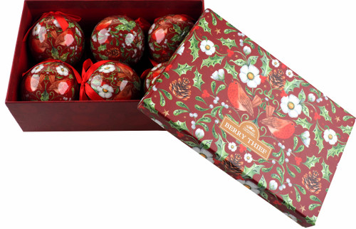 Berry Thief Red Baubles In Gift Box - Christmas Tree Decorations (Set of 6)