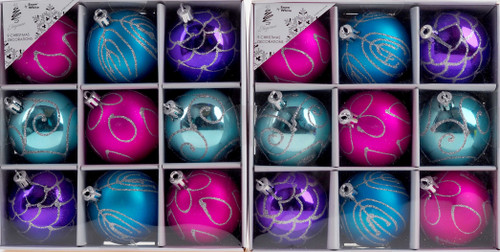 Blue Purple Pink Christmas Tree Bauble Decorations / Silver Pattern (Pack of 18)