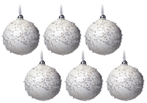 White Sequin Snowball 8cm Baubles - Christmas Tree Decorations (Set of 6) White Sequin Snowball 8cm Baubles - Christmas Tree Decorations (Set of 6)