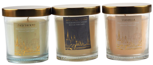 Patchouli, Sandalwood, Vanilla Fragranced Candles Holders w/Lids (Set of 3) Patchouli, Sandalwood, Vanilla Fragranced Candles Holders w/Lids (Set of 3)