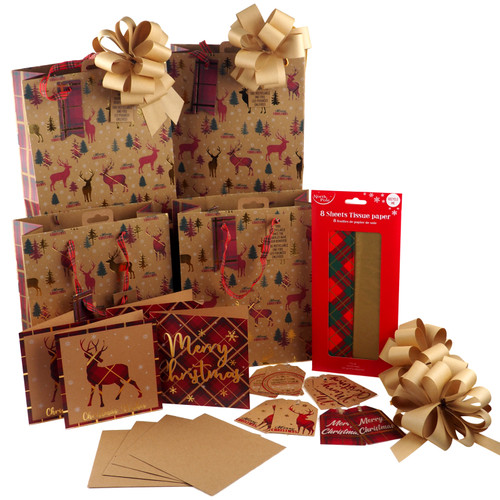 28 Piece Christmas Eco Friendly Matching Gift Bags Bows Tags Cards Set - Tartan 28 Piece Christmas Eco Friendly Matching Gift Bags Bows Tags Cards Set - Tartan