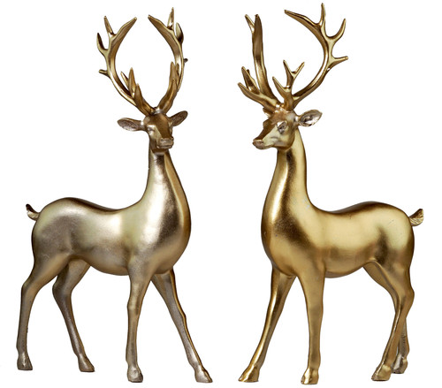 Gold 30cm Standing Reindeer Ornament / Christmas Stag Figurines (Set of 2)