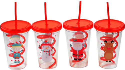 Christmas Drinking Tumbler Cups - Lid And Swirl Spiral Straw - Set of 4 Christmas Drinking Tumbler Cups - Lid And Swirl Spiral Straw - Set of 4