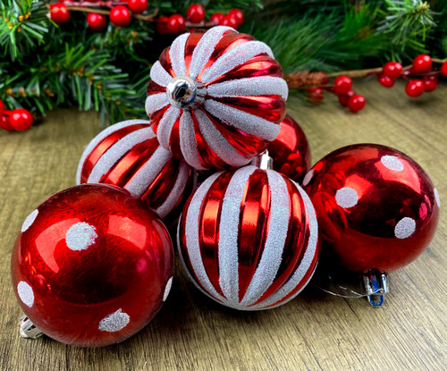 Candy Cane Christmas Baubles Tree Decoration 6cm - Red White Stripe Dot - Set of 12